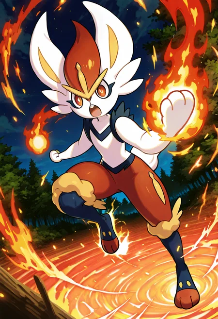 masterpiece, best quality, no humans, zzCinderace, spinning motion, embers, shadow play, forest glade, firelight, intense expression, moving pose, sparks, glowing aura â In the heart of a shadowy glade, Cinderace twirls in mid-air, its limbs extended as a cyclone of embers whirls around it. The firelight casts dancing shadows on the trees, and its eyes burn with fierce grace. Each motion releases bursts of flame from its feet, and the air ripples with heat. The forest seems to pause, mesmerized by the rhythm of its fiery performance. <lora:CinderacePokedex_IXL:1.0>,