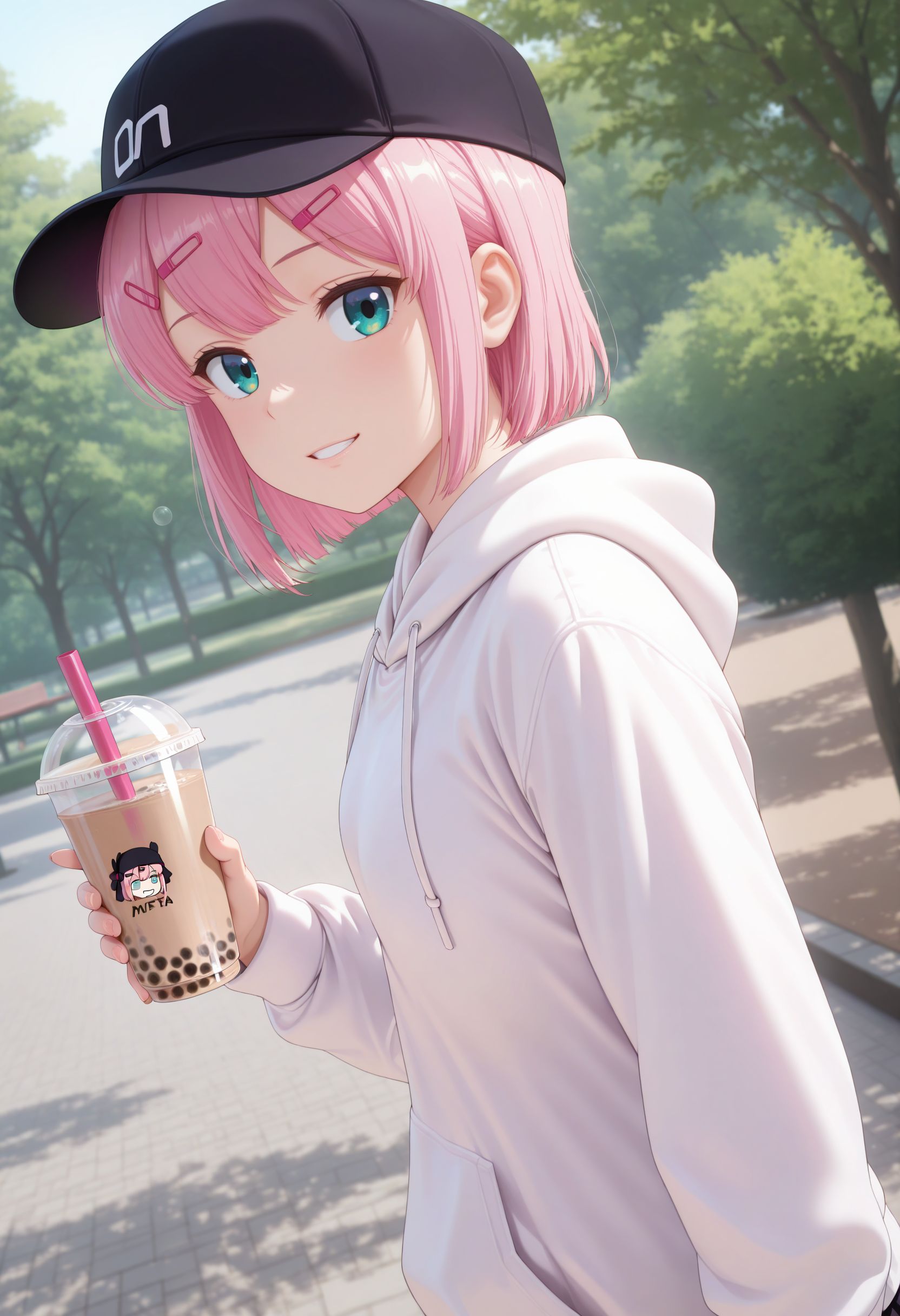 masterpiece, best quality, amazing quality, very awa, looking at viewer, grin, baseball cap, black cap, white hoodie, hood down, long sleeves, black skirt, holding bubble tea, outdoors, park, dutch angle, looking to the side, parted lips
  <lora:Chiyoda Momo v2:1> 1girl, short hair, pink hair, hair ornament, hairclip, green eyes, small breasts,