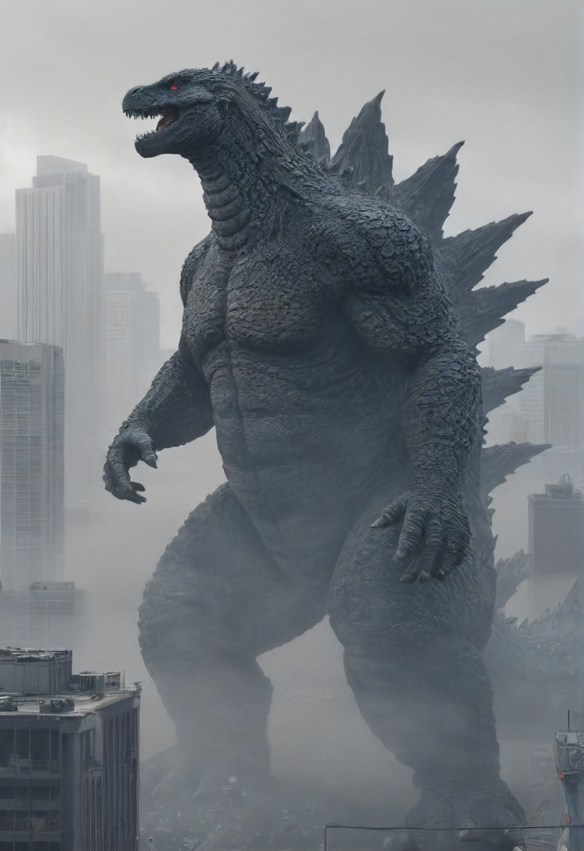 can't see anything with all this haze and cluttered noise in this city full of fog and godzilla for some reason, detailed, high quality