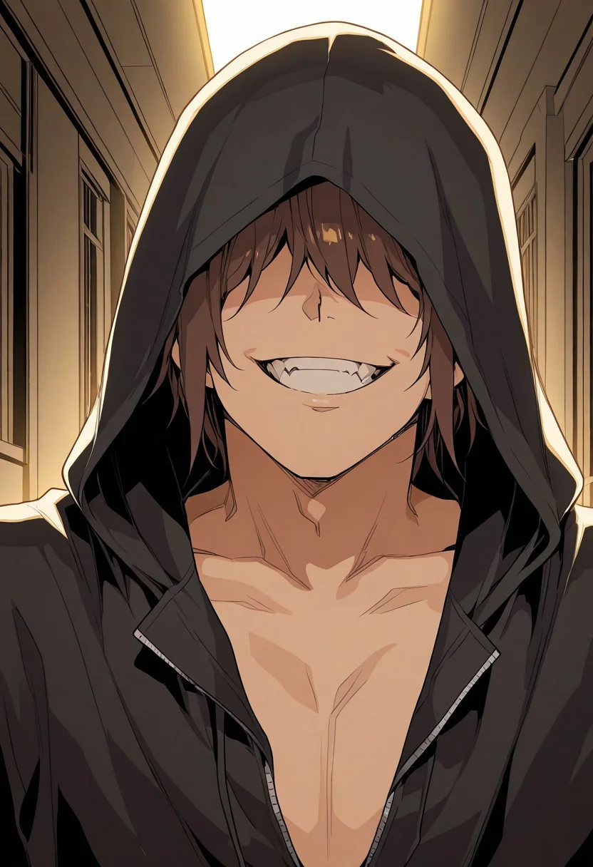 score_9, score_8_up, score_7_up, score_6_up, source_anime, BREAK, 1man, solo, (( <lora:hentai_mc:1> , hentai_mc, faceless, shaded face, toned body, manly, strong male, alfa male, short brown hair, hair over eyes, charismatic male, )) , male focus, hentai_mc as psycho Joker, ((psychological: 1.2), dark light, close up shot, dramatic lighting, creepy man, obsessed, obsessed smile, hoodie, hood up, (hidden in darkness: 1.2, human teeth), hallway)