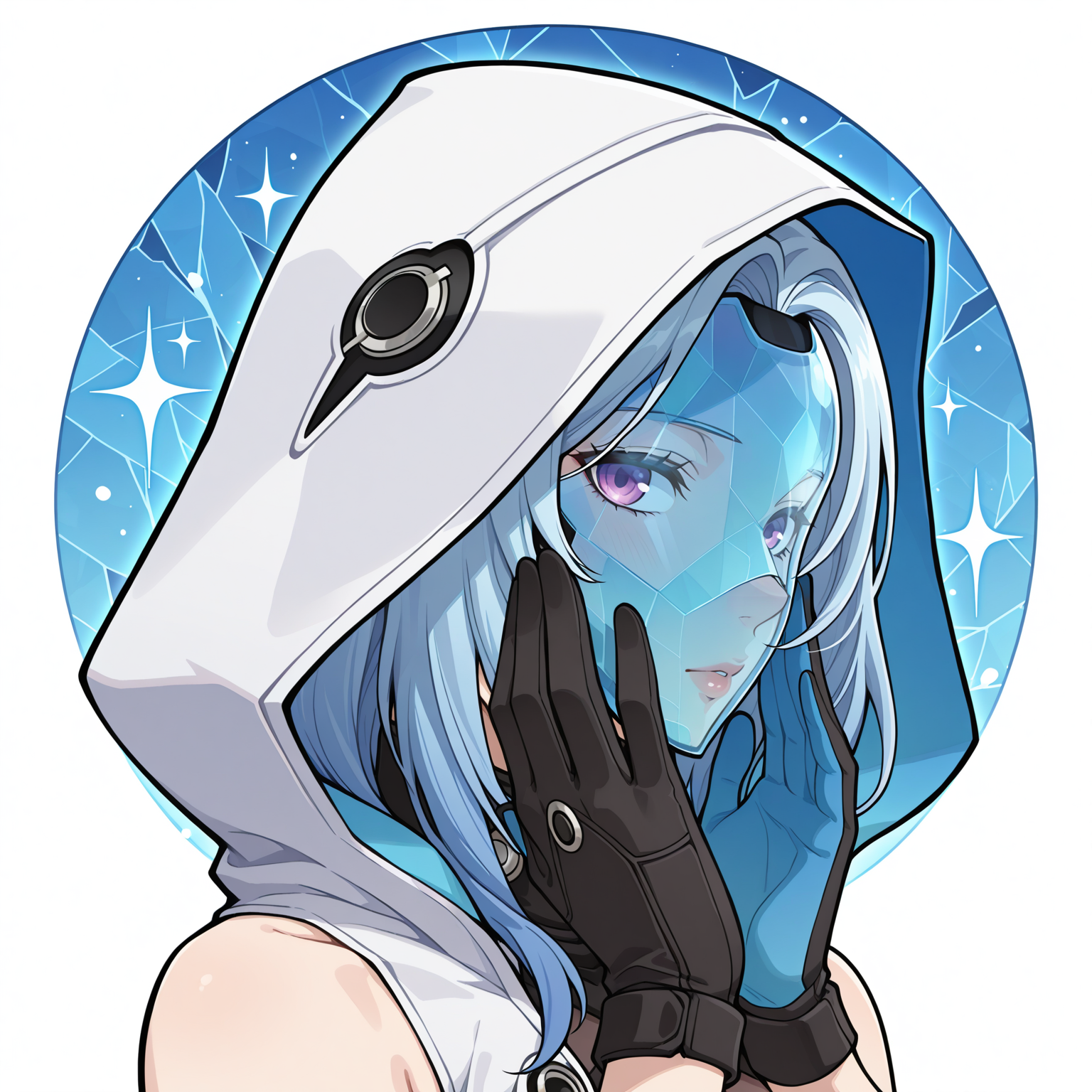 masterpiece, best quality, amazing quality, very aesthetic, absurdres, official art, BREAK
solo, mature female,
portrait, upper body, two-tone background, 
<lora:Messenger:0.8> MessengerHSR, 1girl, solo,  bright blue holographic mask, crystallized pattern mask, white and blue hood, white, knee-length sleeveless dress, large breast, dress with black accents, black gloves, black open-toe heels with blue accents, thick hips, bare shoulders, hands on own face, looking at viewer, medium hair, blue hair, sparkle, from side, see-through, nose, lips,
<lora:RPG Maker:0.8>