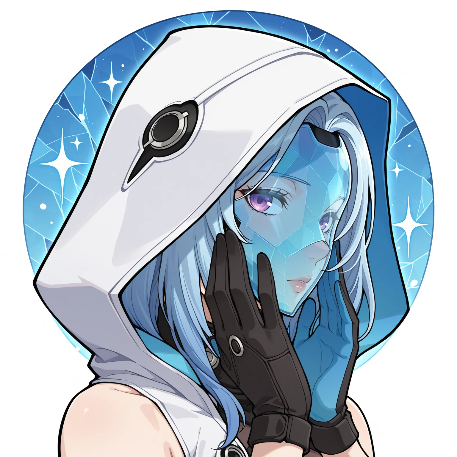 masterpiece, best quality, amazing quality, very aesthetic, absurdres, official art, BREAK
solo, mature female,
portrait, upper body, two-tone background,
<lora:Messenger:0.8> MessengerHSR, 1girl, solo, bright blue holographic mask, crystallized pattern mask, white and blue hood, white, knee-length sleeveless dress, large breast, dress with black accents, black gloves, black open-toe heels with blue accents, thick hips, bare shoulders, hands on own face, looking at viewer, medium hair, blue hair, sparkle, from side, see-through, nose, lips,
<lora:RPG Maker:0.8>