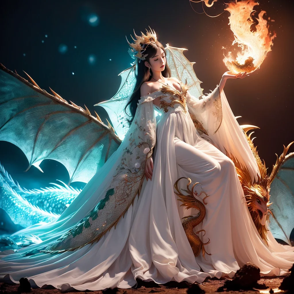 (masterpiece), (best quality), (super delicate), (illustration), (extremely delicate and beautiful), (dynamic angle), white and black highlights, (legendary Dragon queen:1.3),(complex details) ,golden eyes, green pupils, delicate face,messy floating hair, messy hair, focus, perfect hands, (fantasy wind),handsome shape,((((The flames burning behind the young woman)))), (the battlefield behind the young woman:1.2), (((Bloody))),long hair:1.2,hair stick:1.2,bun:1.2,full body:1.2,dragon horn:1.2,(((flowing))),nhjy, a white dress with a peacock on it<lora:nhjy-10:0.5>