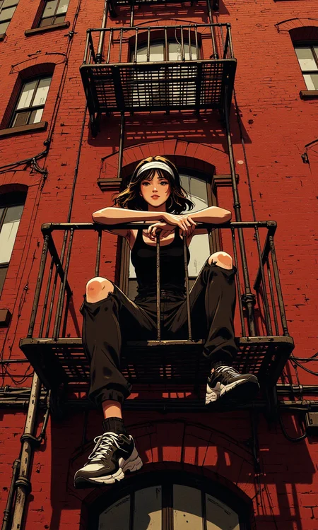 The image shows a person sitting on a metal fire escape against the backdrop of a red brick building. The individual is dressed in a black sleeveless top and ripped black pants, paired with black and white sneakers. They have long hair and are wearing a headband. Their arms are crossed over the railing, and they appear to be leaning on it, looking directly at the camera. The fire escape has a rustic, industrial look, with visible rust and wear. The windows of the building are large and rectangular, adding to the urban aesthetic of the scene. The overall mood of the photo is edgy and stylish.
BREAK anime, bboil artist style, <lora:FLUX\Synesthesia:0.2>, <lora:FLUX\RetroAnimeS1.1:0.4>, <lora:FLUX\Flux-jijia:0.1>, <lora:FLUX\RM_Artistify_v1.0M:0.1>, <lora:FLUX\Organic Sauce - FLUX:0.6000000000000001>, <lora:FLUX\It's a LoRA for portraits, BUT! actually specialized in backgrounds. v1.0:0.30000000000000004>, <lora:FLUX\Dieselpunk Delight - s0_9 g4:0.4>