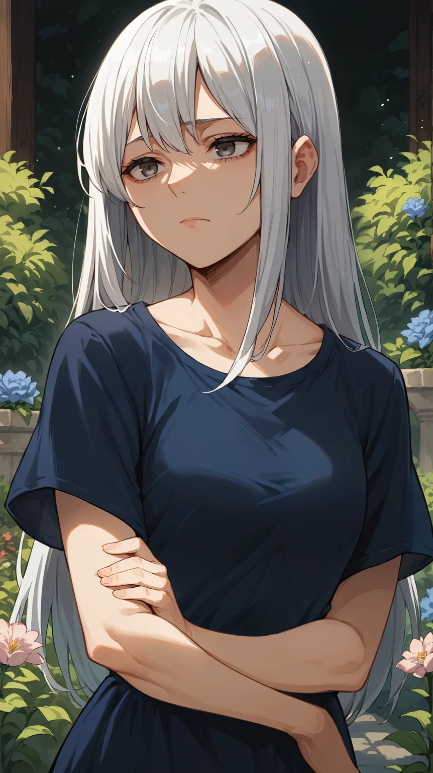 score_9,score_8_up,score_7_up,score_6_up, <lora:xl_more_art-full_v1:0.5>, source_anime, woman, dynamic pose, arms crossed, <lora:Rei Todoroki - Pony:0.8>, long hair, white hair, grey eyes, blue dress, garden, portrait, short sleeves, v-neck, tired,