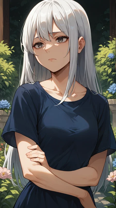 score_9,score_8_up,score_7_up,score_6_up, <lora:xl_more_art-full_v1:0.5>, source_anime, woman, dynamic pose, arms crossed, <lora:Rei Todoroki - Pony:0.8>, long hair, white hair, grey eyes, blue dress, garden, portrait, short sleeves, v-neck, tired,