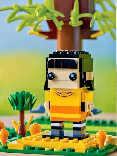 <lora:Lego_XL_v2.1:0.8> LEGO BrickHeadz,
In a field of golden wheat, a large doll with black short hair wears a yellow short-sleeve shirt topped with an orange suspender dress. White knee-high socks and black shoes adorn its feet, under a bare tree.