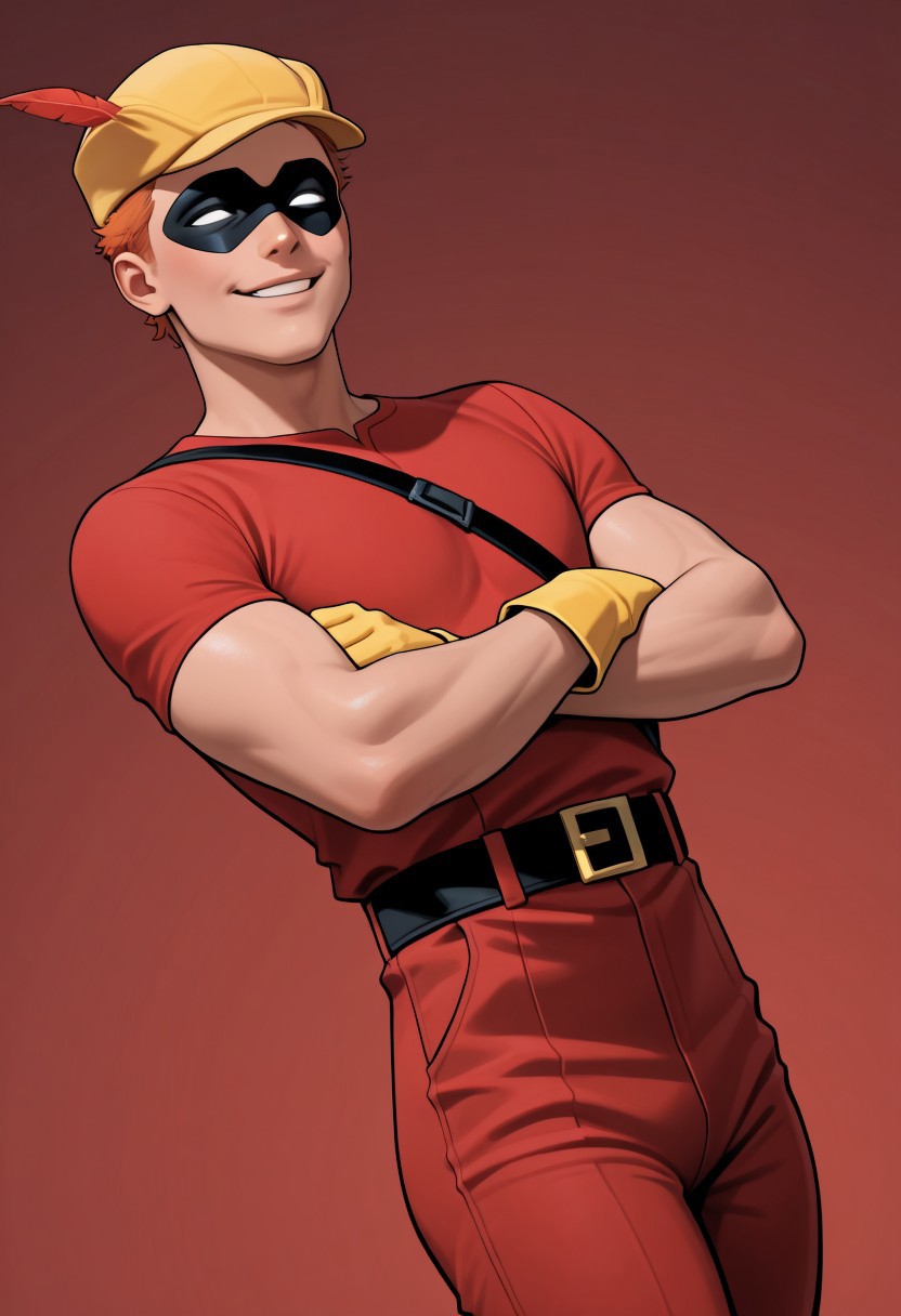masterpiece, absurdres, high quality, perfect anatomy, 1boy, solo, cute boy, male focus, Speedy, Orange Hair, Domino Mask, White Eyes, Yellow Cap, Red Tunic, Red Pants, Yellow Gloves, smug smile, parted lips, arms crossed, cinematic, intricately detailed illustration, depth of field, masterpiece, best quality, amazing quality, very aesthetic, absurdres, newest, very awa,  shadow, dynamic angle, casual cosplay, dynamic pose, simple background, red theme