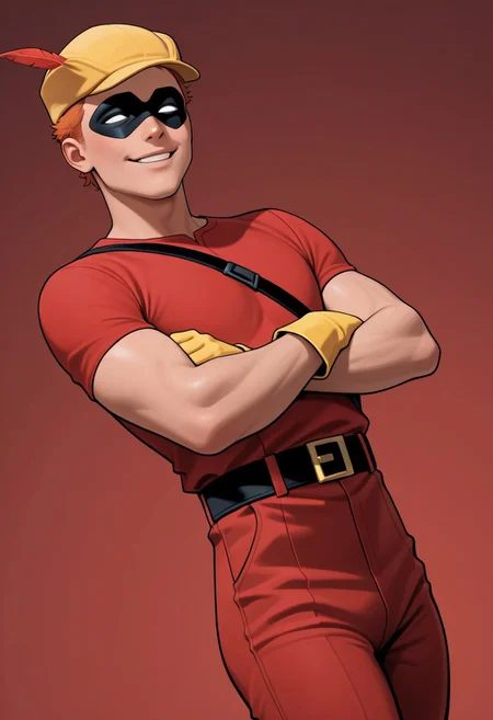 masterpiece, absurdres, high quality, perfect anatomy, 1boy, solo, cute boy, male focus, Speedy, Orange Hair, Domino Mask, White Eyes, Yellow Cap, Red Tunic, Red Pants, Yellow Gloves, smug smile, parted lips, arms crossed, cinematic, intricately detailed illustration, depth of field, masterpiece, best quality, amazing quality, very aesthetic, absurdres, newest, very awa, shadow, dynamic angle, casual cosplay, dynamic pose, simple background, red theme
