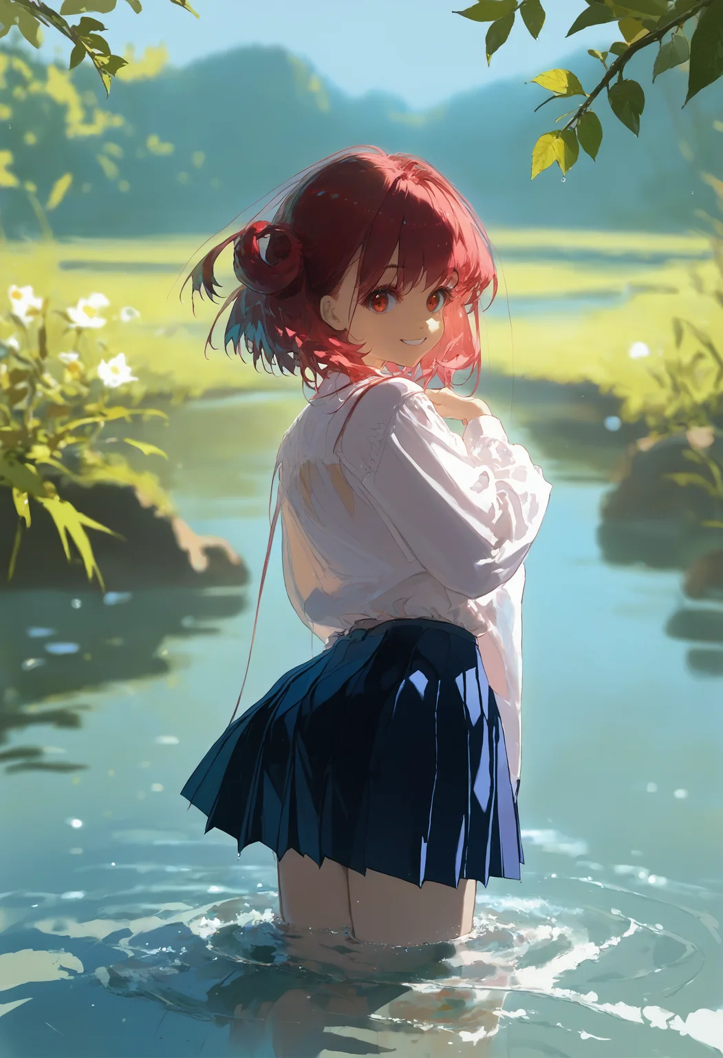 score_9, score_8_up, score_7_up, 1girl, looking back, white shirt, pleated skirt, wading, river, depth of field, foreshortening, looking at viewer, smile, perspective
<lora:style_redum_pony_2:1>