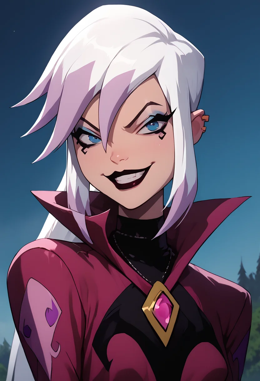 charmcaster, white hair, two-tone hair, makeup, dress, smirk,  <lora:Charm-08:1>