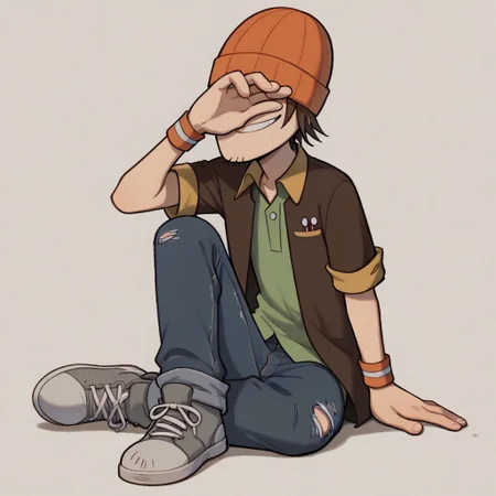 score_9, score_8_up, score_7_up BREAK WadeKB, 1boy, brown hair, orange beanie covering eyes, open yellow-collared short-sleeved brown jacket, yellow short sleeve cuffs, green undershirt, ragged jeans, gray white shoes, smiling at viewer,