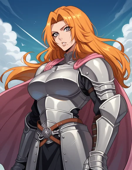 score_9, score_8_up, score_7_up, source_anime, <lora:rangiku-matsumoto-anime-ponyxl-lora-nochekaiser:1>, rangiku matsumoto, long hair, grey eyes, orange hair, mole, mole under mouth, parted bangs, large breasts, <lora:knight-ponyxl-lora-nochekaiser:1>, knight, armor, cape, sword, weapon, holding weapon, shoulder armor, gauntlets, helmet, pauldrons, red cape,, blue sky, clouds, from below, parted lips, looking at viewer