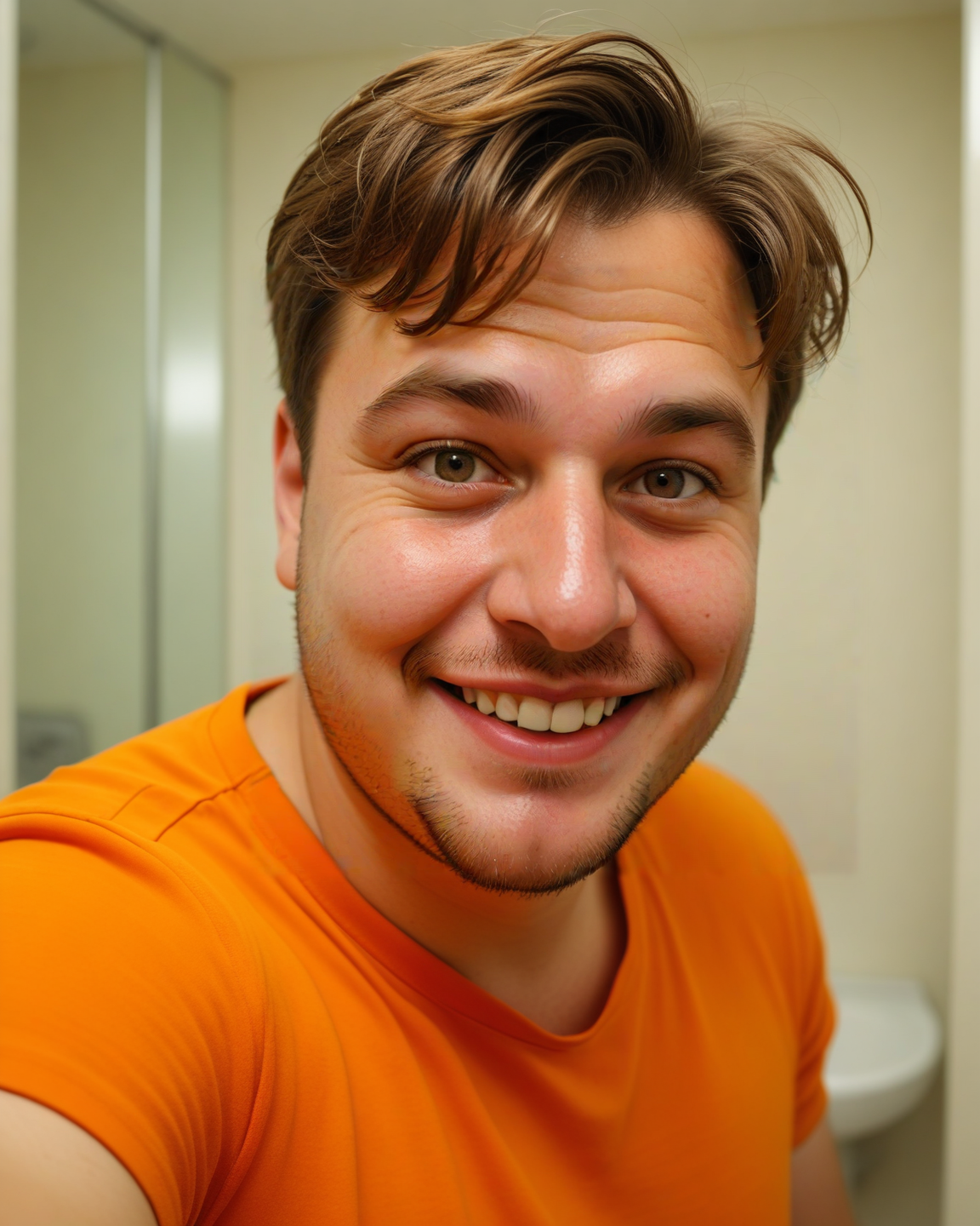 ugly selfie of an ugly extremely stupid and silly fat chubby german 30 y.o. man posing in the bathroom, wearing an orange shirt. stupid smile. very ugly oily short brown hair.  with charisma. 50mm lens, f/2.8, focused on eyes, natural lighting