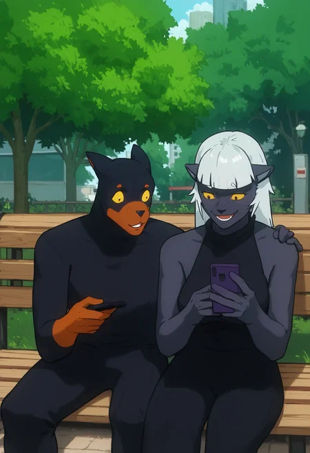 score_9, score_8_up, score_7_up, l0streakchick3n, panth3rba0, d0gg0u, leaning on person, (looking at phone, looking down), park, sitting, outdoors, hands, park bench, holding phone, happy, funny, yellow eyes,
<lora:Lostreak chicken_epoch_5:1>