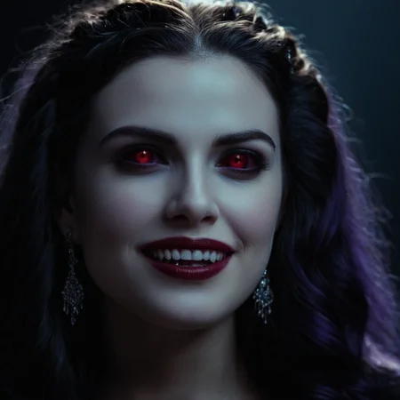 cinematic film still of <lora:perfect sclera eye style v2:0.6>
In perfect eye style a photo of a Purple sclera eyes of a vampire woman with a very big smile on her face, sharp, detailed, cinematic, Purple sclera eye style, Purple eyes style, 1girl, solo, looking at viewer, blue eyes, black hair, purple eyes, parted lips, teeth, lips, fangs, portrait, realistic, braid, makeup, black background, red lips, long hair, jewelry, earrings, mole, mole under eye, vampire creature <lora:brides of dracula style:0.5>, shallow depth of field, vignette, highly detailed, high budget, bokeh, cinemascope, moody, epic, gorgeous, film grain, grainy