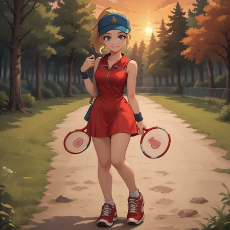 score_9, score_8, BREAK, solo, blonde hair, ponytail, cap, headwear, blue eyes, red short dress, sleeveless dress, wristband, red sneakers, Ashley_(Hot_Shots_Tennis), cute, sexy pose, self portrait, smile, outdoors, sunlight, shadows, evening lighting, natural lighting, forest, trees, grass, orange sky, sunset