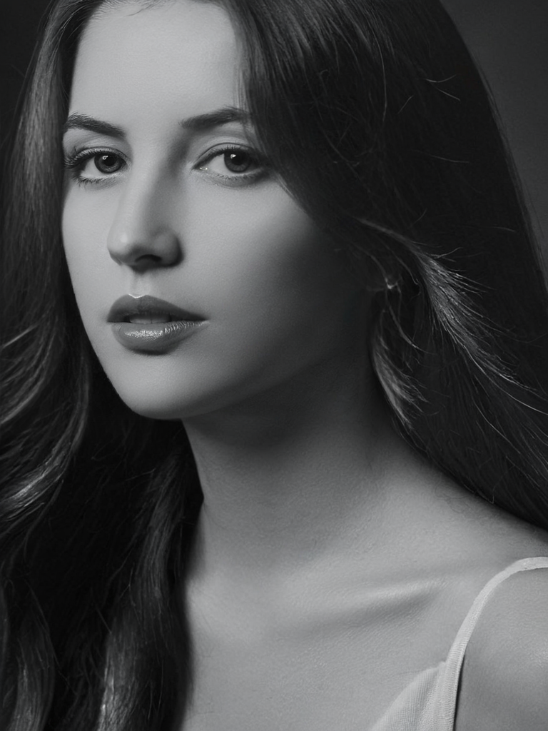 Black and white portrait, BJ_Rainbow_light, 1girl, solo, long_hair, brown_hair, black_hair, brown_eyes, parted_lips, lips, realistic, nose,
realistic,cinematic lighting,strong contrast,high level of detail,Best quality,masterpiece