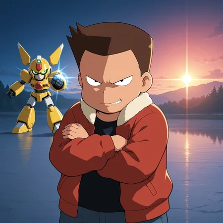radiant reflections, rich color tones, deep contrast, intricate textures, luminous lighting, cinematic ambiance, shimmering gradients, best quality, colorful, masterpiece, detailed_background, outdoors, BREAK <lora:ginkai-v1-10:1> (m-ginkai), 1boy, young, chubby, male focus, crossed arms, smirk, red jacket, black t-shirt, 2boys, medarot, robot, incoming attack, perfect hands, dot nose