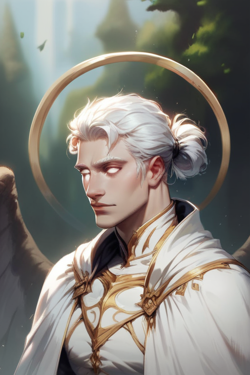 (((detailed, beautiful, high quality))), aasimar_protector, white eyes, wings, halo, 1male, white hair, Half Up  Half Down hairstyle, loose ponytail, white cape, white shirt,  blurred background, blurred fantasy,  reference sheet,
score_9, score_8_up, score_7_up,  <lora:add-detail-xl:1>, <lora:aasimar:0.6> ,<lora:concept:1>