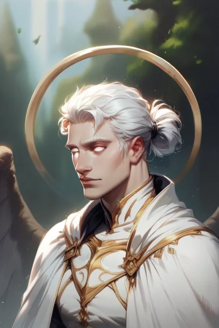 (((detailed, beautiful, high quality))), aasimar_protector, white eyes, wings, halo, 1male, white hair, Half Up  Half Down hairstyle, loose ponytail, white cape, white shirt,  blurred background, blurred fantasy,  reference sheet,
score_9, score_8_up, score_7_up,  <lora:add-detail-xl:1>, <lora:aasimar:0.6> ,<lora:concept:1>