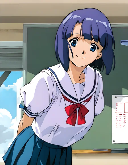 <lora:pony_xl_miki:0.9>,miki,score_9,score_8_up,score_7_up,source_anime,1girl,best quality,masterpiece,super fine illustration,solo,school_uniform,sailor,pleated_skirt,wrinkling of clothes,smile,kind_smile,standing,arms_behind_back,leaning_forward,cowboy_shot,looking_at_viewer,day,classroom,indoor,window_,