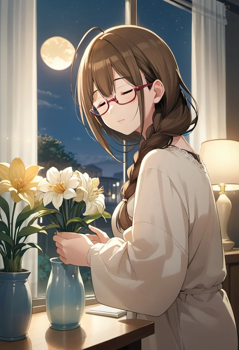 score_9, score_8_up, score_7_up, source_anime, kuwayama chiyuki, brown hair, brown eyes, long hair, 1girl, solo, braid, ahoge, closed eyes, glasses, flower, night, indoors, window, curtains, vase, sky, lamp
