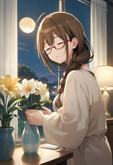 score_9, score_8_up, score_7_up, source_anime, kuwayama chiyuki, brown hair, brown eyes, long hair, 1girl, solo, braid, ahoge, closed eyes, glasses, flower, night, indoors, window, curtains, vase, sky, lamp