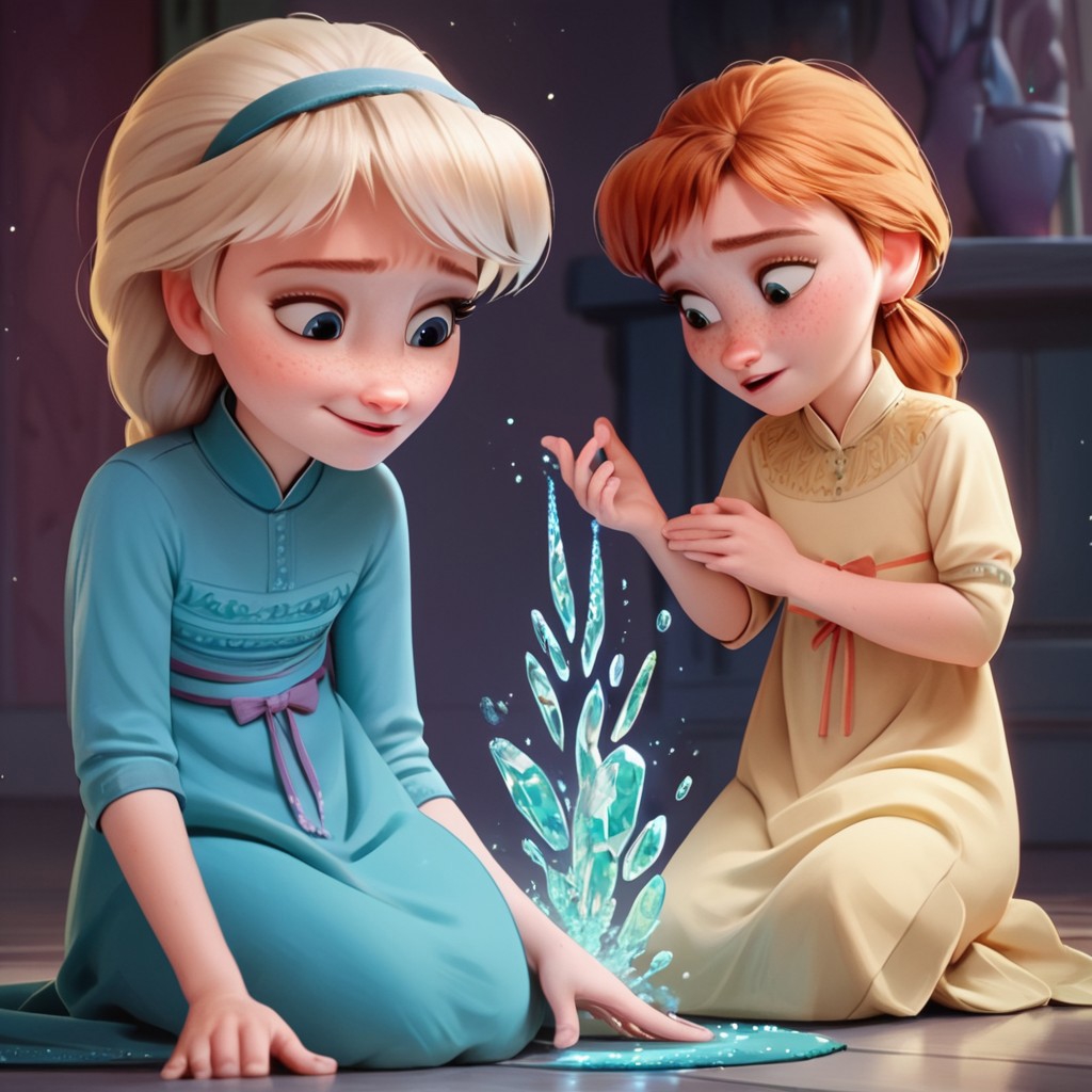score_9, score_8_up, score_7_up, score_6_up, score_5_up, score_4_up, 2girls, AnnaElsaFB, sitting on the floor, freckles, swirling ice magic, looking amazed
