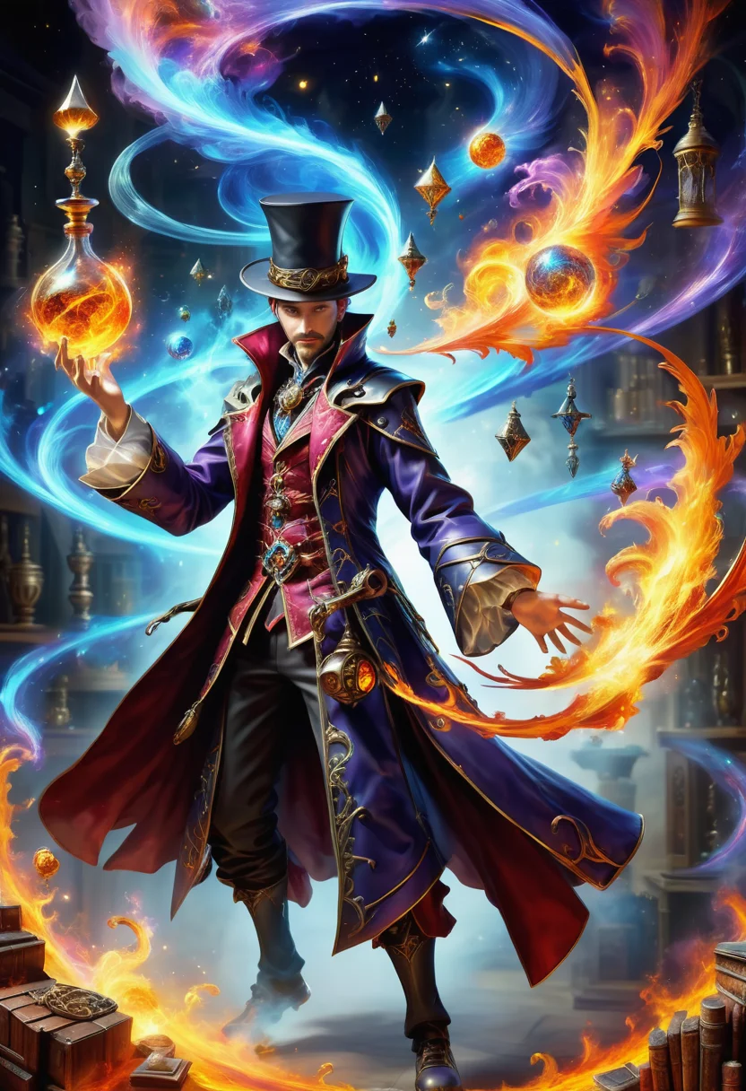hyper detailed masterpiece, dynamic, awesome quality, a male alchemist conjuring flamboyant gravity DonMM4g1cXL magic, <lora:DonMM4g1cXL-000008:0.8>