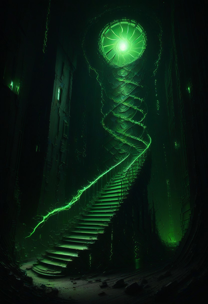 green sun, electricity, green glow, green theme, Necron, spiral staircase, chaos,