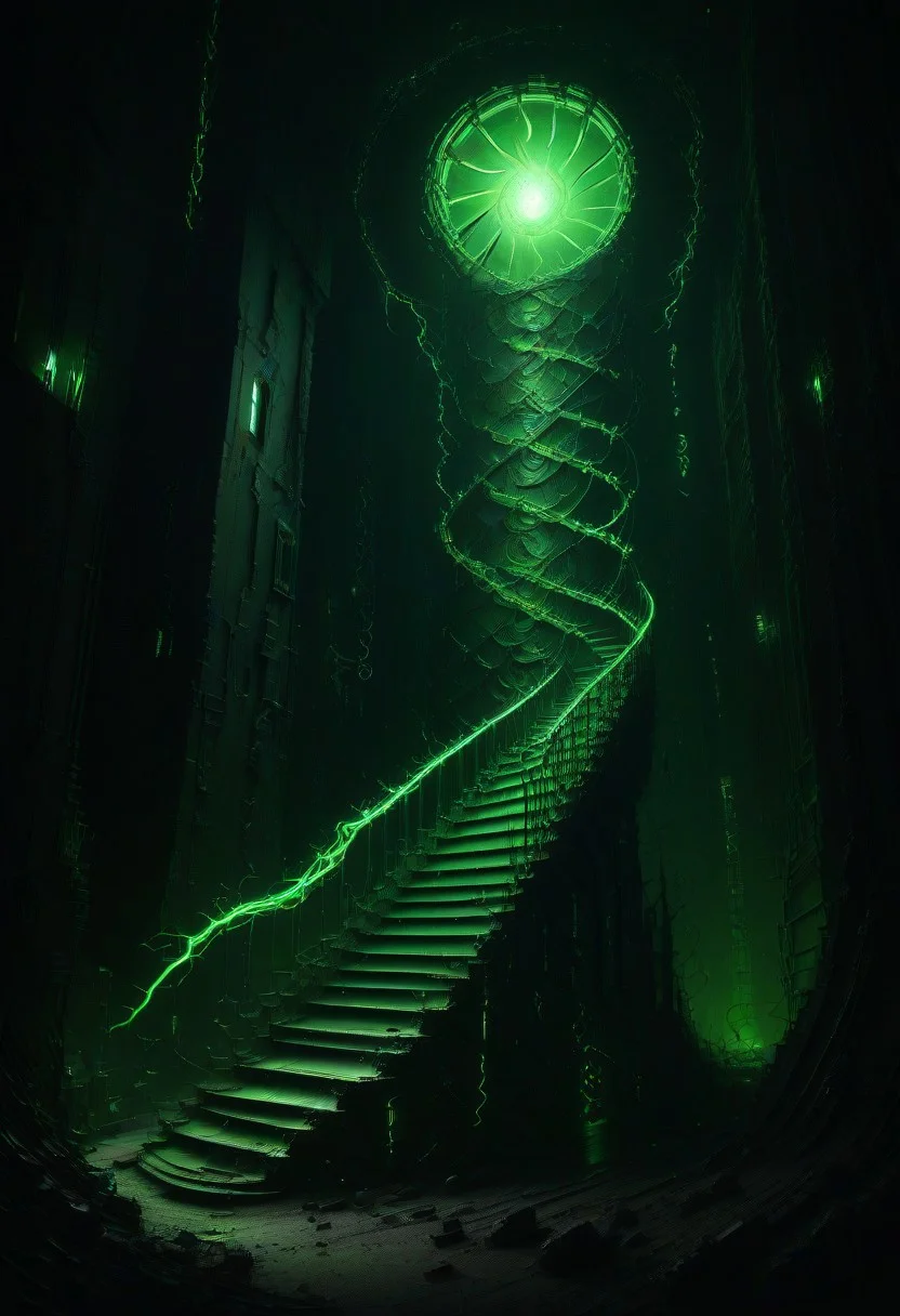 green sun, electricity, green glow, green theme, Necron, spiral staircase, chaos,