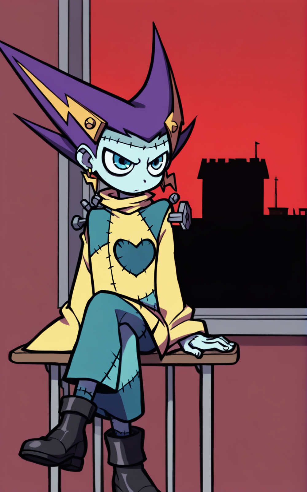 best quality, absurdres,<lora:BolivanteStyleITS:0.8>,   <lora:SHAITS:0.8>, SHAITS, earrings, jewelry, blue eyes, spiked hair, colored skin, multicolored hair, object through head, long sleeves,multicolored  dress, screw, two-tone hair, sleeves past wrists, bolt, stitches,boots,slim,purple hair, wide sleeves, blue skin,sitting. crossed legs, inside,classroom,red sky,window, chair