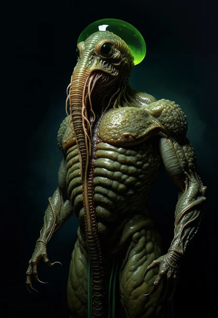 Rembrandt realistic oil painting, retro artstyle, score_9, score_8_up, score_9_up, very detailed, ultra realistic, (best quality) very detailed masterpiece, full body portrait of an worm-like leech-like horror monster, iridescent skin, muscular body, green glowing eyes, very dark background, very dramatic lighting, much shadow, rembrandt style, vermeer style, low saturation, realistic realistic, realism, photo realistic oil painting, photo realistic painting
