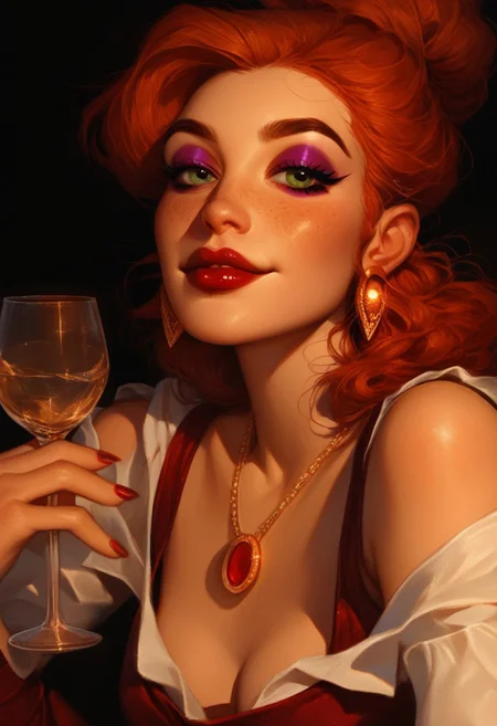 Score_9, score_8_up, score_7_up, score_6_up, score_5_up, score_4_up, happy redhead woman, old school disney style, holding wine glass, dark purple and black color palette, illustrations, smilingcore, detailed costumes, black background, seductive, freckles, makeup, nail polish, necklace, earrings, makeup, purple eyeshadow, downblouse, red lipstick, moles, glossy lips,