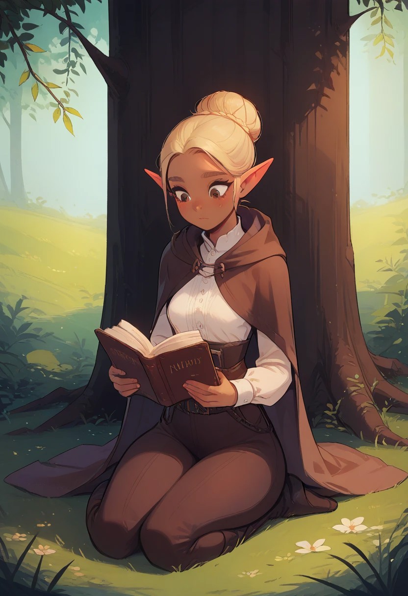 score_9, score_8_up, score_7_up, score_6_up, score_5_up, score_4_up, cute 18 year old elf girl, perfect cute face, wide hips, thick thighs, small breasts, dark blonde hair, chignon bun, dark skin, dark brown eyes, medieval shirt & khaki pants, ornate belt, long brown cloak, sitting on the grass, under a tree, reading a leather bound book, magical forest background.
