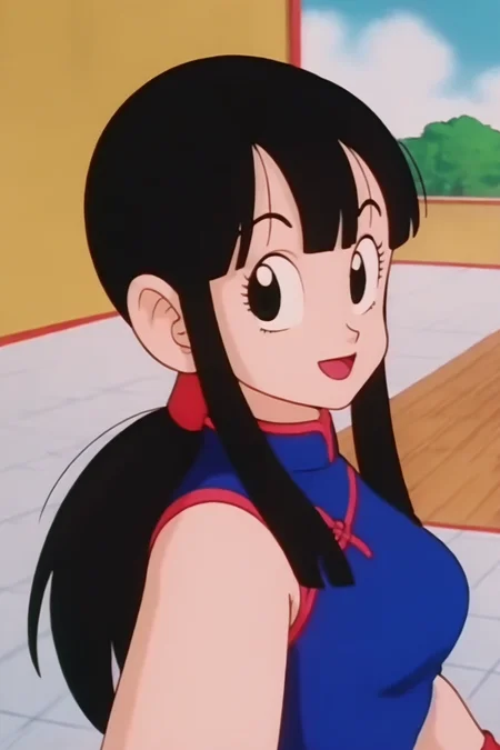 source_anime, score_9, score_8_up, score_7_up, anime screencap,8k, absurdres,
selfie, from above, happy, arm by side,
chi-chi, 1girl, solo, long hair, breasts, looking at viewer, smile, open mouth, bangs, black hair, blue dress, standing, ponytail, :d, sidelocks, outdoors, sky, sleeveless, day, cloud, blunt bangs, black eyes, tree, blue sky, smile, eyelashes, chinese clothes, cloudy sky, red wristband, china dress, red sash,
<lora:chichi_pony_v1:0.8>