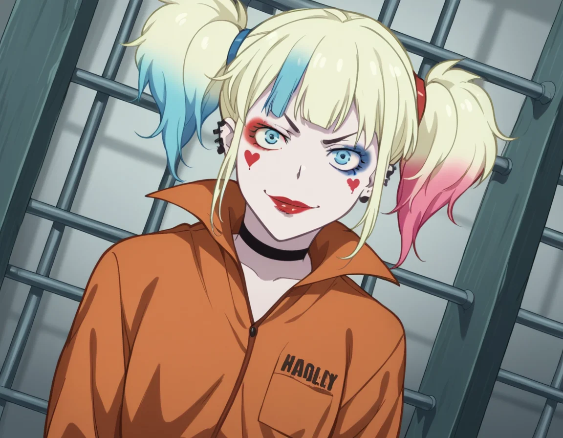 score_9, score_8_up, score_7_up, source_anime,
harleyquinn, <lora:harley-quinn-s1-ponyxl-lora-nochekaiser:1>
harley quinn, bangs, blue eyes, blonde hair, twintails, blue hair, multicolored hair, choker, gradient hair, makeup, piercing, pink hair, lips, lipstick, red lips,
long sleeves, pocket, jumpsuit, orange jumpsuit,
prison, prison cell, smile, on side,
looking at viewer, cowboy shot, dutch angle, solo,