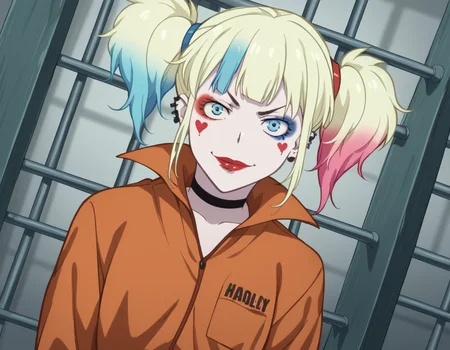 score_9, score_8_up, score_7_up, source_anime,
harleyquinn, <lora:harley-quinn-s1-ponyxl-lora-nochekaiser:1>
harley quinn, bangs, blue eyes, blonde hair, twintails, blue hair, multicolored hair, choker, gradient hair, makeup, piercing, pink hair, lips, lipstick, red lips,
long sleeves, pocket, jumpsuit, orange jumpsuit,
prison, prison cell, smile, on side,
looking at viewer, cowboy shot, dutch angle, solo,