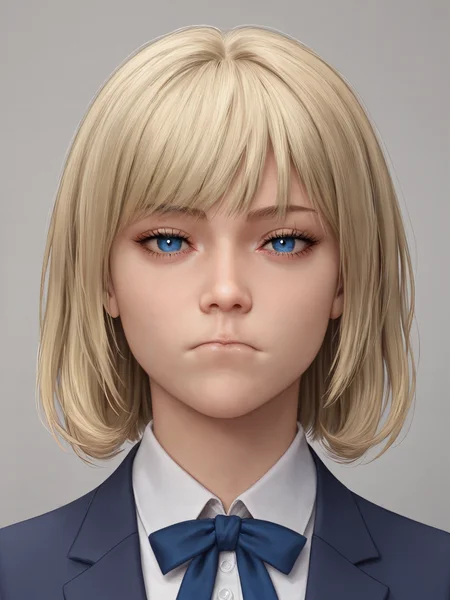score_9, score_8_up, score_7_up, score_6_up,
beautiful girl, standing upright, 1girl,bust shot,Eyes Highlight,collared blouse,neck ribbon ties,Navy blue blazer,simple blazer, white skin, pale skin, smooth skin,
beautiful eyes,perfect eyes, clear eyes,
front view,from front,looking at viewer, blonde hair,dark blue eyes,medium hair, smooth hair, straight hair,bangs,front bangs,
high resolution,high detail,
tight lips, clenched lips, tucked lips, pressed lips,
Three-quarter angle, Three-quarter shot,
<lora:Tight_lips-000009:0.7>