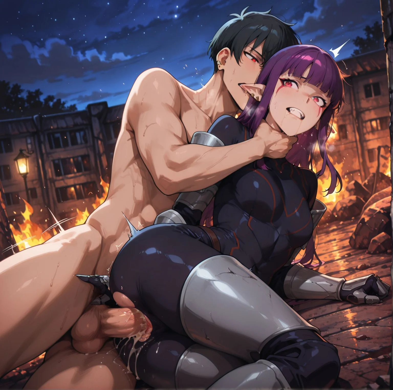 masterpiece, absurdres,amazing quality, best quality, detailed background, 8k,
<lora:Choke_Hold_r1:0.8>Choke_HoldV1,
1girl, 1boy, hetero, sex,penis,
breasts,spooning,
one hand on neck,sex from behind,
choke,strangling,asphyxiation,
BREAK
<lora:Esil:0.8>esil3, pointy ears, purple hair, red eyes, long hair, teeth, jewelry, earrings, facial mark, sidelocks, bangs, fangs,bodysuit, blunt bangs, gauntlets, armored legwear,ear piercing,
night, night sky, outdoors,
fire,
BREAK
black hair male,