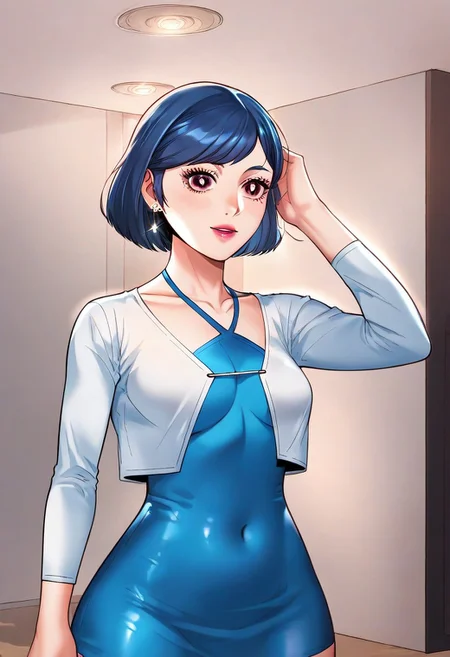 score_9, score_8_up, score_7_up, ASCII masterpiece, source_anime, BREAK, 1girl, solo, (( <lora:kwak_chae-young:1> , kwak_chae-young, thin waist, wide hips, beautiful skin, piercing pink eyes, clear eyes, bright pupils, beautiful eyes, beautiful blue hair, beautiful medium bob haircut, bangs, small breasts, natural beauty, extraordinary beautiful woman, attractive woman, super sexy woman, lustful body, sexy woman with seductive obscene body, sensual body, voluptuous body, sexy beauty, no piercings, no piercing, )) , ((beautiful long-sleeves white cardigan, beautiful blue dress, crystal earrings, )), sexy pose, cowboy shot, seducative smile, sexy, hands behind head, inside disco room, party lights,