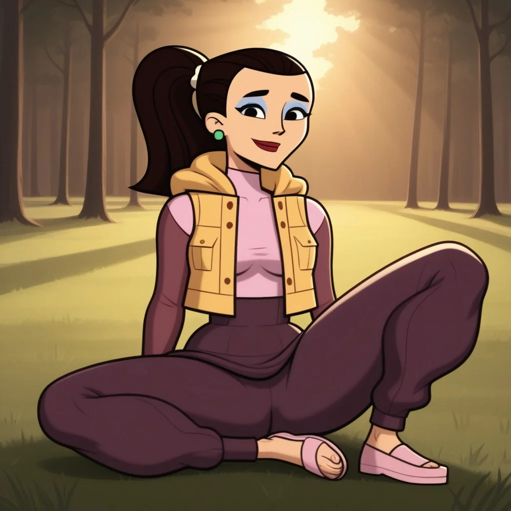 score_9, score_8, BREAK, solo, crop top, long sleeves undershirt, sleeveless mini jacket, 1girl, skirt, slippers, toeless legwear, dark brown hair, ponytail, blue eyeshadow, lipstick, makeup, earrings, black eyes, breasts, total drama, Josee_(Total_Drama), tdtrr, sexy pose, smile, outdoors, sunlight, shadows, evening lighting, natural lighting, forest, trees, grass, orange sky, sunset