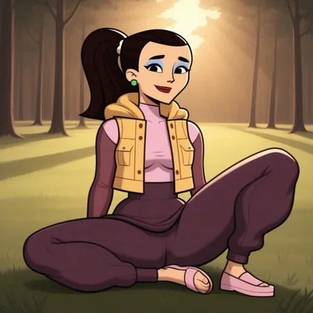 score_9, score_8, BREAK, solo, crop top, long sleeves undershirt, sleeveless mini jacket, 1girl, skirt, slippers, toeless legwear, dark brown hair, ponytail, blue eyeshadow, lipstick, makeup, earrings, black eyes, breasts, total drama, Josee_(Total_Drama), tdtrr, sexy pose, smile, outdoors, sunlight, shadows, evening lighting, natural lighting, forest, trees, grass, orange sky, sunset