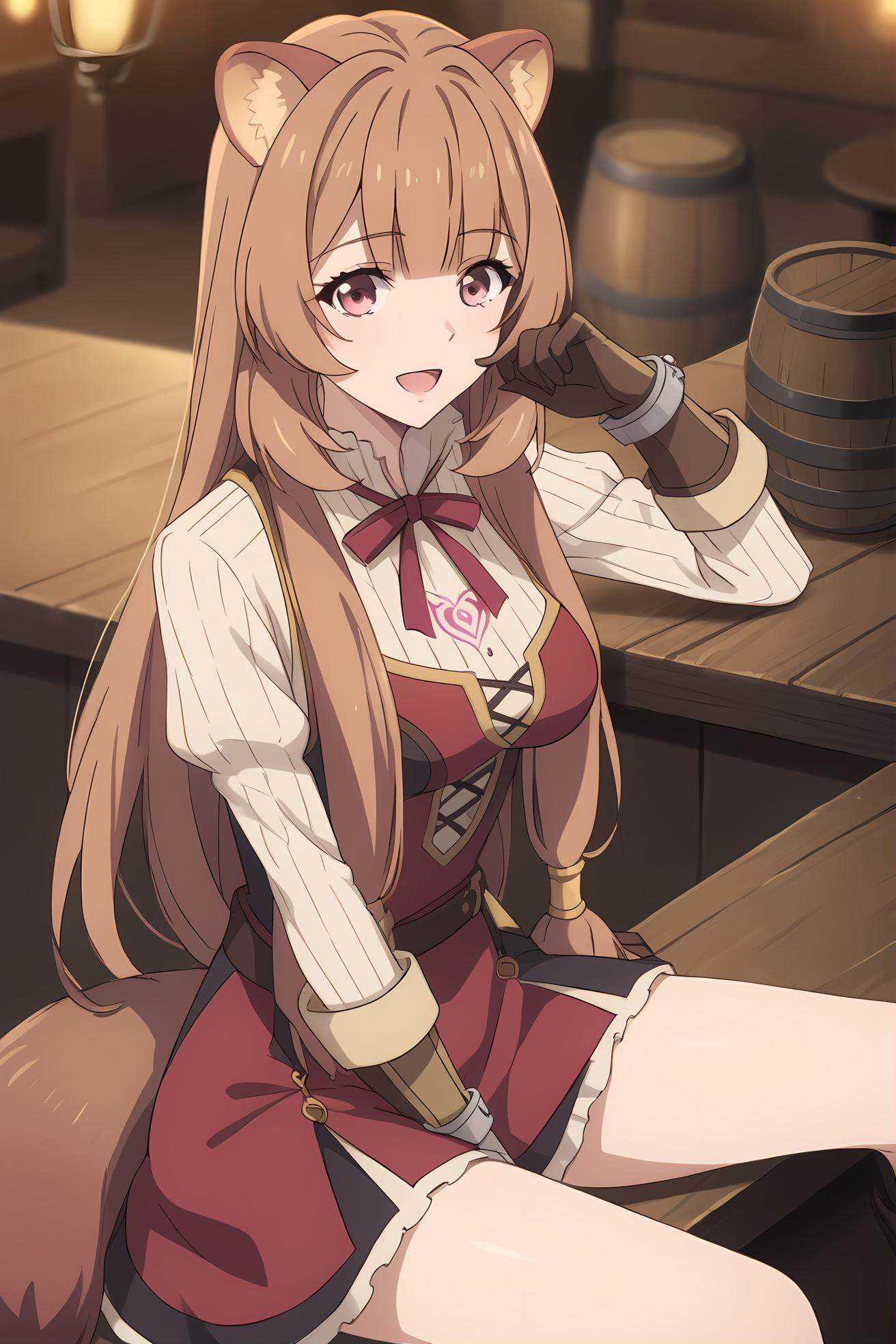 (red dress brown gloves:1.50), sh-raphtalia, pink eyes, brown hair, long hair, sidelocks, blunt bangs, raccoon ears, raccoon tail, chest tattoo,
medium breasts,
1girl, solo, skinny, (source_anime, score_9, score_8_up, score_8, score_7_up), score_7, score_6_up, score_6, score_5_up, score_5, 
(happy:1.30),
(tavern:0.70),
(sitting:0.80), (:0.80),
<lora:sh-raphtalia-V01-000004:0.70>