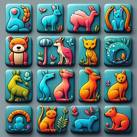 <lora:artfullyTILES_SDXL_V1:0.7>,icon collection arranged in a grid of a set of different colored creatures in different shape designs