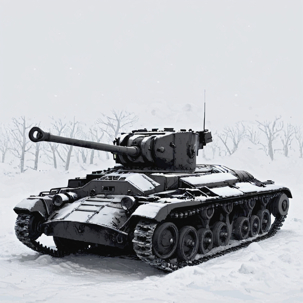 In the heart of the Eastern Front, a snow-covered tank provided by the Lend-Lease program supports Soviet infantry against German positions. Its dark silhouette stands out against the white snow, highlighting the frigid conditions and the international collaboration against the Axis powers  ((pulp_comic, heavy_lines, hand_drawn, hand_inked, hand_colored, perfect_face, apxlz))