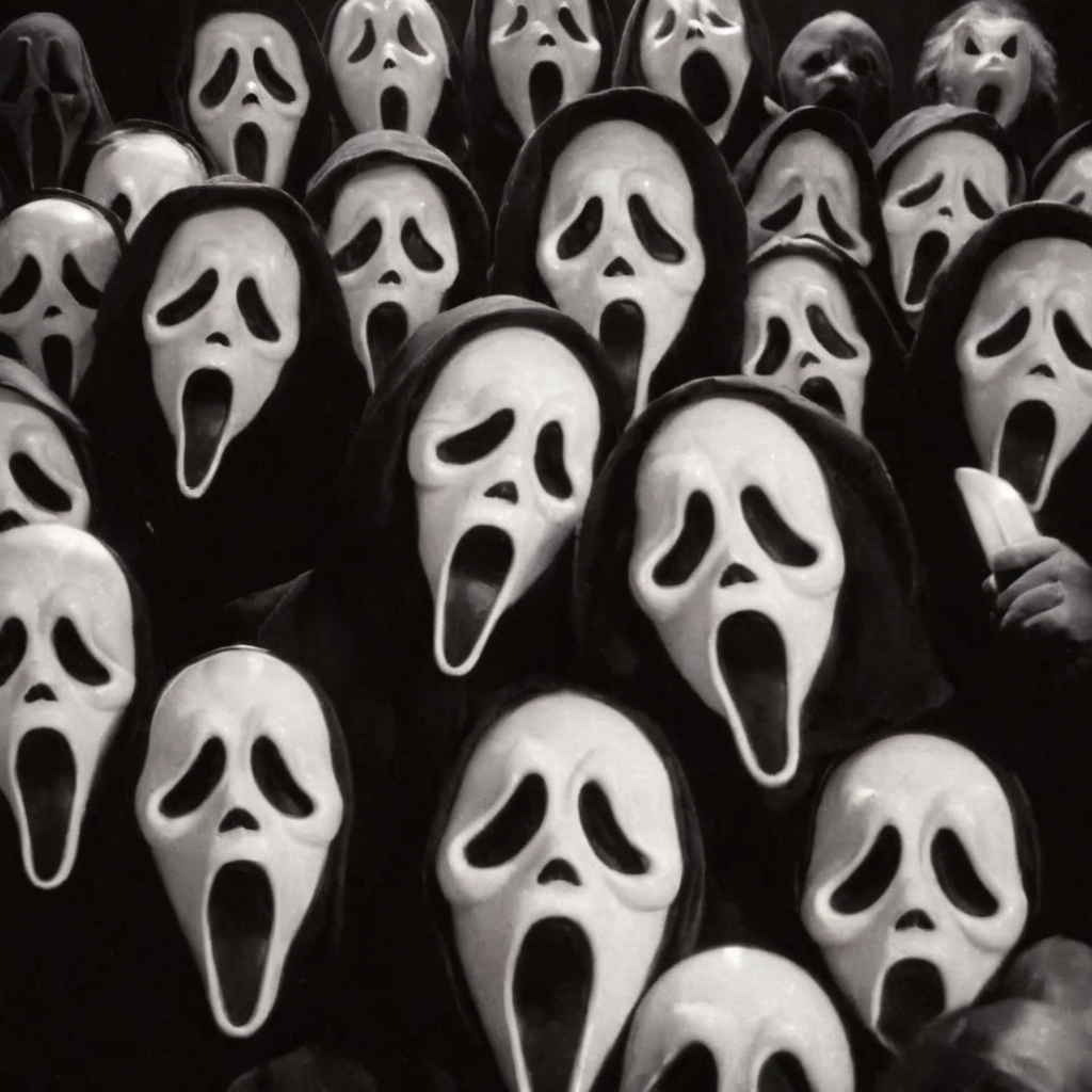 cinematic film still of  <lora:Chiaroscuro Lighting Style:1> Chiaroscuro Lighting Style
 <lora:Ghostface:1>
Ghostface a group of cartoon characters with faces and masks,scream horror movie style,looking at viewer,open mouth,monochrome,greyscale,multiple boys,horns,tongue,hood,tongue out,mask,black background,meme,6+others , realistic, sharp, detailed, classic, 1990's, horror, photography, artistic, perfect knife, crazy, shallow depth of field, vignette, highly detailed, high budget, bokeh, cinemascope, moody, epic, gorgeous, film grain, grainy