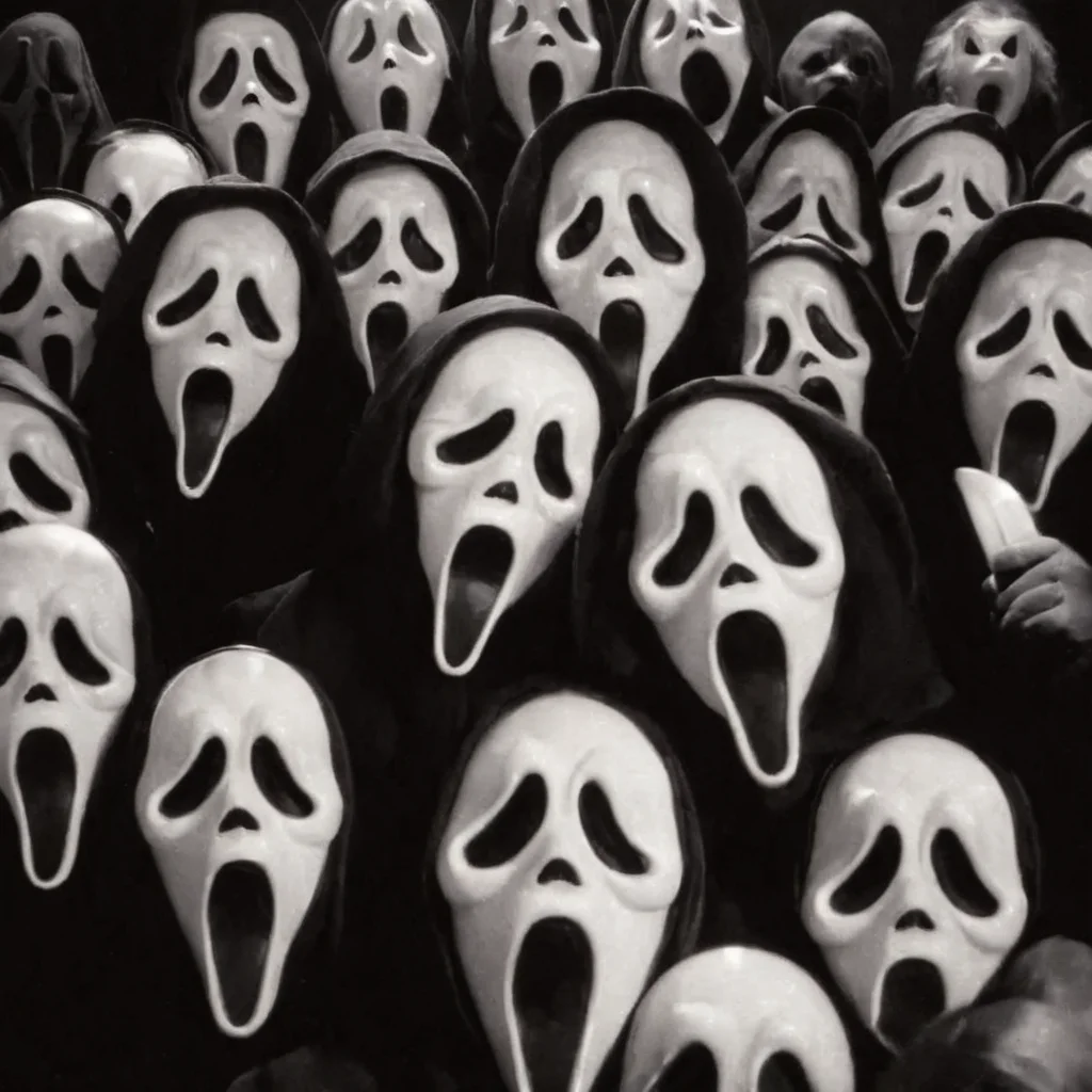 cinematic film still of <lora:Chiaroscuro Lighting Style:1> Chiaroscuro Lighting Style
<lora:Ghostface:1>
Ghostface a group of cartoon characters with faces and masks,scream horror movie style,looking at viewer,open mouth,monochrome,greyscale,multiple boys,horns,tongue,hood,tongue out,mask,black background,meme,6+others , realistic, sharp, detailed, classic, 1990's, horror, photography, artistic, perfect knife, crazy, shallow depth of field, vignette, highly detailed, high budget, bokeh, cinemascope, moody, epic, gorgeous, film grain, grainy