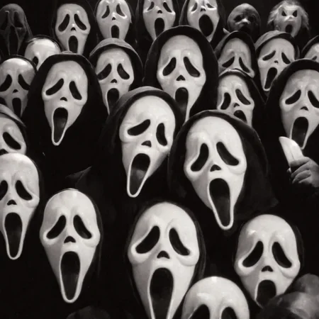 cinematic film still of <lora:Chiaroscuro Lighting Style:1> Chiaroscuro Lighting Style
<lora:Ghostface:1>
Ghostface a group of cartoon characters with faces and masks,scream horror movie style,looking at viewer,open mouth,monochrome,greyscale,multiple boys,horns,tongue,hood,tongue out,mask,black background,meme,6+others , realistic, sharp, detailed, classic, 1990's, horror, photography, artistic, perfect knife, crazy, shallow depth of field, vignette, highly detailed, high budget, bokeh, cinemascope, moody, epic, gorgeous, film grain, grainy
